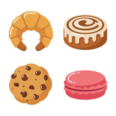 Croissant and cinnamon roll with cookie and macaron icons, bakery pastry vector set for breakfast menu, cafe, dessert branding