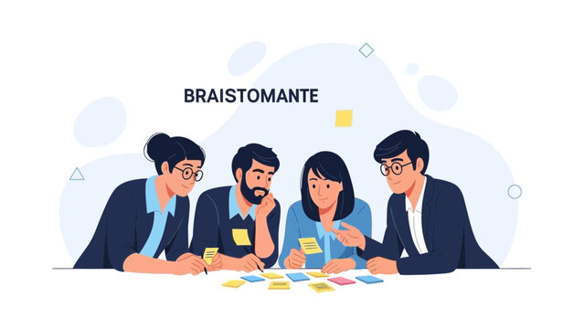 Diverse team brainstorming ideas with sticky notes, collaborative business meeting