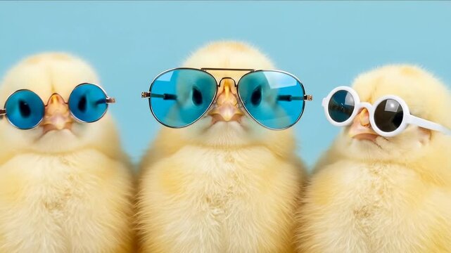 Three adorable yellow baby chicks wearing cool blue and white sunglasses posing on a light blue background