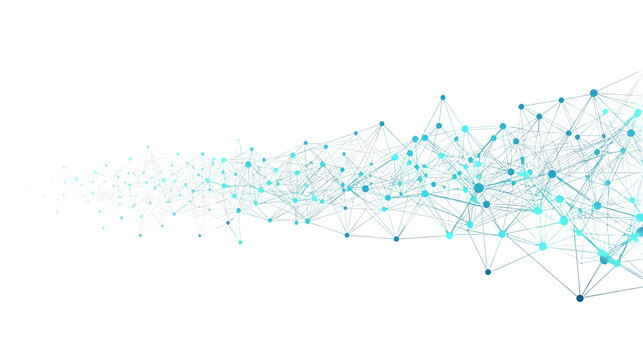 Abstract digital network forming a flowing wave of blue and cyan nodes and lines, representing data transfer, connectivity, and global communication.