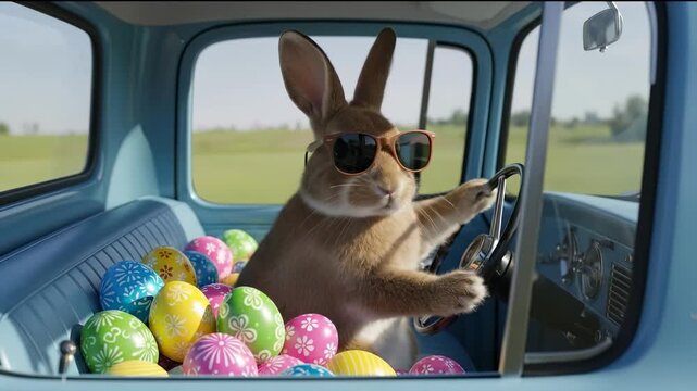 Brown rabbit wearing sunglasses driving a vintage blue pickup truck filled with colorful decorated eggs during springtime
