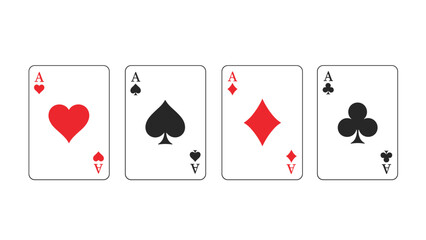 Set of four ace playing cards from a standard deck including hearts, spades, diamonds, and clubs arranged on a white background.