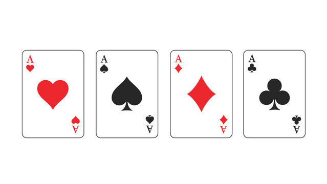 Set of four ace playing cards from a standard deck including hearts, spades, diamonds, and clubs arranged on a white background.