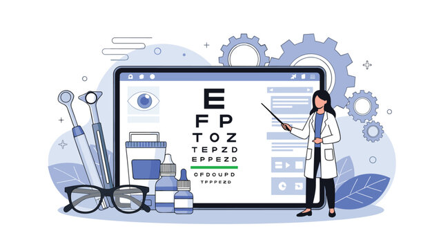 Ophthalmology and vision care concept showing a doctor pointing at a Snellen eye chart on a tablet with glasses and eye drop bottles.