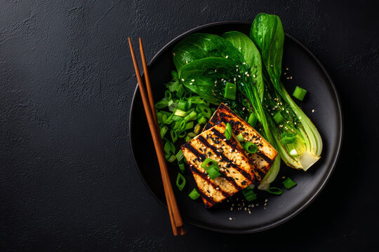 Satisfying healthy grilled tofu steak meal served with green bok choy vegetable and wooden chopstick on dark plate offering inviting wholesome nutritious vegan dinner experience