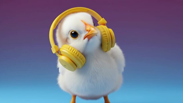 Fluffy white chick wearing yellow headphones with an expressive grumpy face on a colorful gradient background