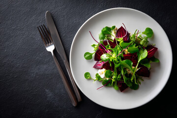 Roasted beet goat cheese salad fresh healthy meal plate cutlery vibrant appetizing organic vegetable dish nutrition red green gourmet culinary root leaf diet vegetarian metal stone wood