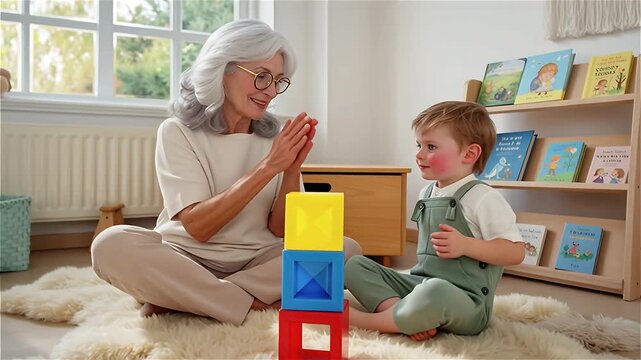Grandmother celebrates with grandson stacking blocks