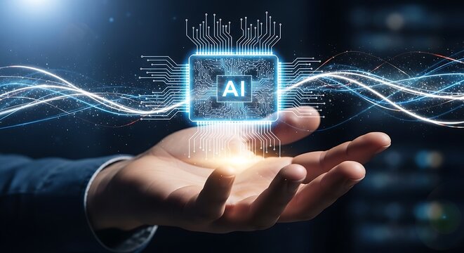 Businessman presenting a glowing blue ai chip with circuits and lines