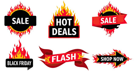 Collection of fiery sale and hot deals banners for marketing and promotions.