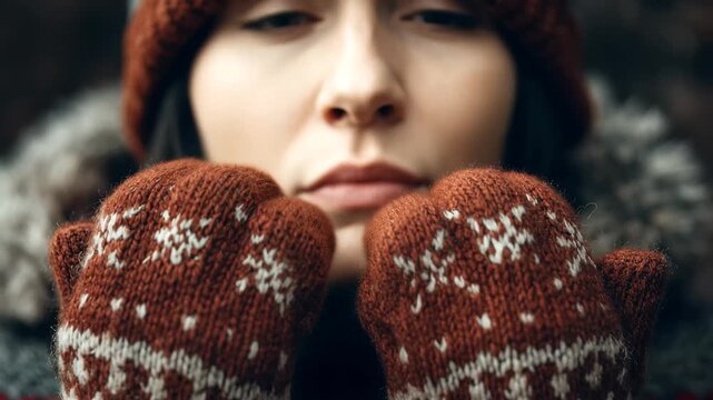 A woman in mittens and a hat with antlers smiles, embodying a festive winter spirit.