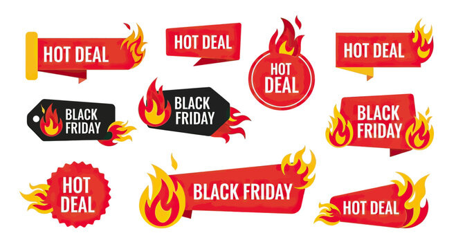 Collection of fiery Hot Deal and Black Friday sale tags and labels.