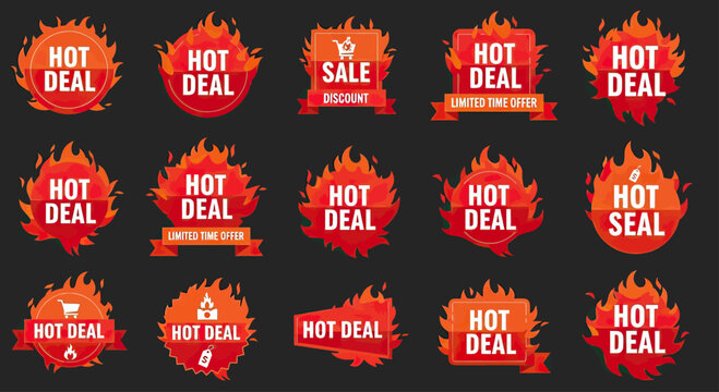 Collection of fiery hot deal and sale badges, perfect for promotions and special offers.