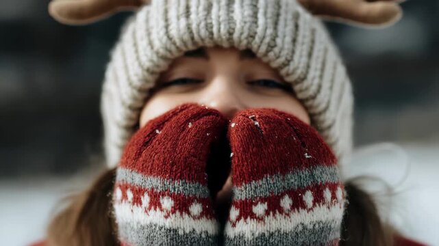 A woman in mittens and a hat with antlers smiles, embodying a festive winter spirit.