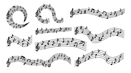A set of musical note elements and curved staff lines for creative music layouts. © Andika
