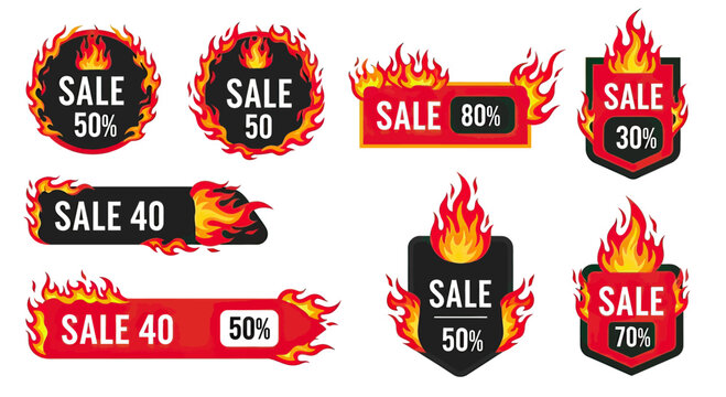 Fiery Sale Banners Collection with Various Discount Percentages.
