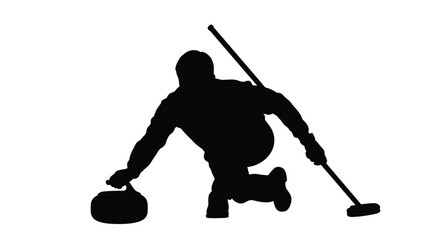 Winter Olympics Silhouette of a curler in action, sliding across the ice with a broom and stone, representing the sport of curling