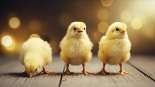 Three fluffy yellow newborn chicks standing on wooden table with warm golden bokeh background