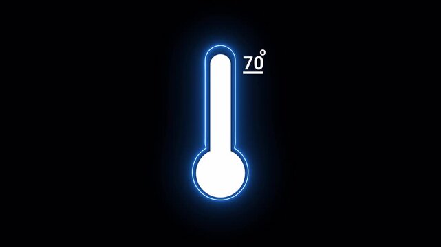 
                      Glowing Blue Thermometer with 70 Degrees Temperature Reading on Black Background heat weather with Alpha channel.
