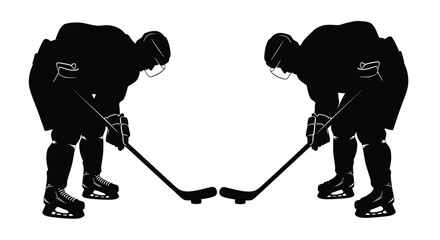 Winter Olympics Two opposing hockey players facing each other with sticks ready for a face-off on a white background