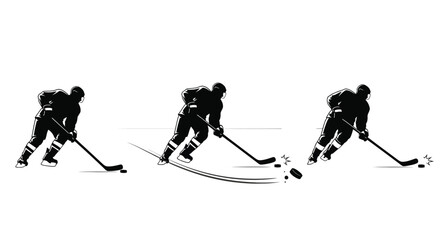 Winter Olympics Dynamic sequence of an ice hockey player executing a powerful slap shot, captured in a striking black and white silhouette illustration depicting stick and puck in motion