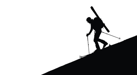 Winter Olympics Vector silhouette illustration of a solo mountaineer engaged in an arduous uphill climb, carrying skis and poles, epitomizing the spirit of ski touring adventure