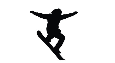 Winter Olympics Dynamic silhouette illustration of a snowboarder performing an airborne trick, capturing the essence of winter sports and extreme athleticism on a crisp white background