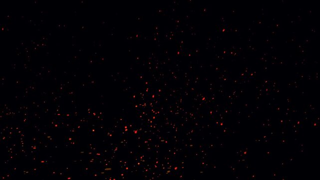 Fiery orange bonfire dust particles animation on black background. Flowing fire ashes in the dark night. Fire particles flying- Sparks particle dust inferno fire explosion with realistic movement.