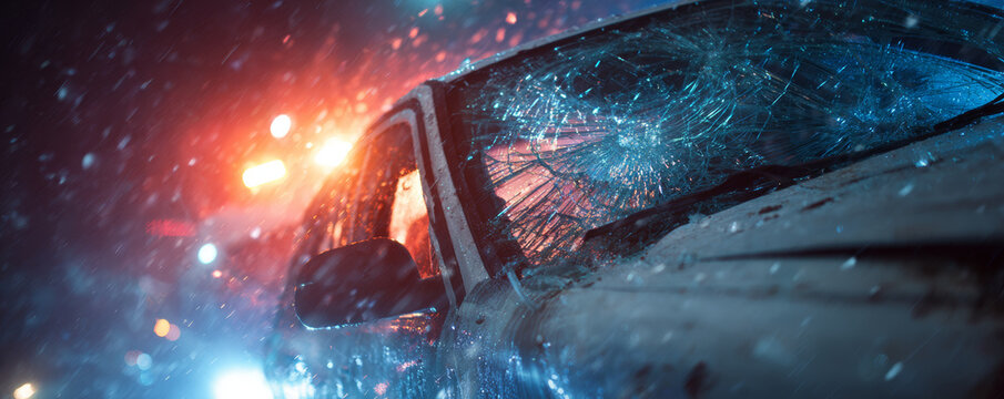 Car accident damaged windshield night rain emergency light broken glass road safety crash storm wet street transportation Dramatic night scene