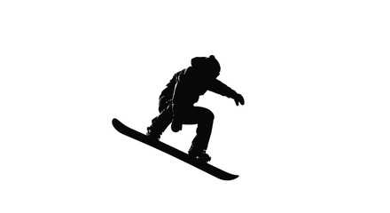Winter Olympics Silhouette of a snowboarder mid-air, captured in a dynamic freeze-frame against a stark white background