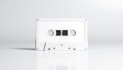 Obraz premium Classic white audio cassette tape on a pristine reflective surface, evoking retro music memories and vintage sound