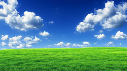 Fototapeta premium Green field wind turbine blue sky clean energy landscape scene, peaceful cloud movement, sustainable power concept, ecological countryside view