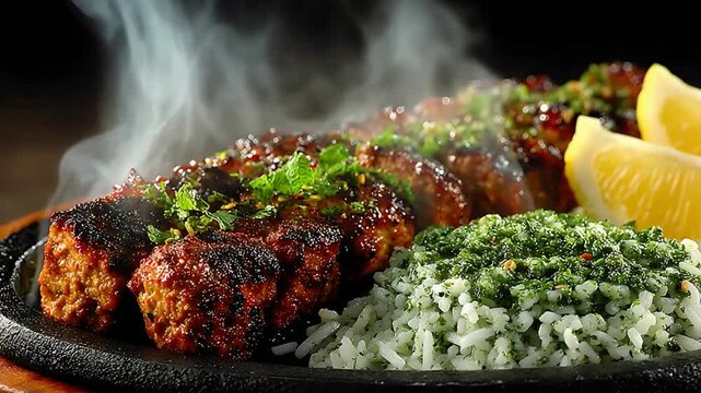Sizzling Grilled Meat Kebabs with Herb Rice and Fresh Lemon Steaming on a Hot Plate.