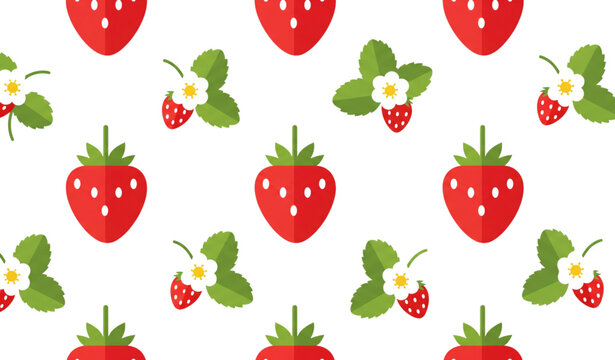 A colorful vector graphic of a strawberry pattern with flowers and leaves