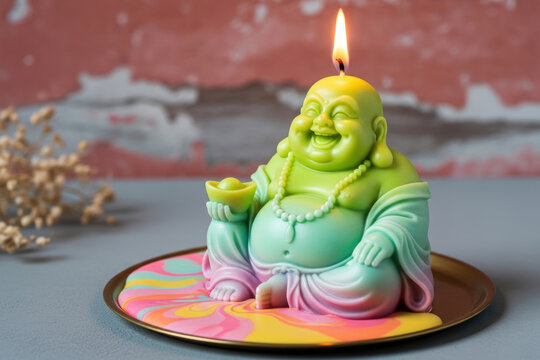 Colorful laughing Buddha candle with flame on decorative plate