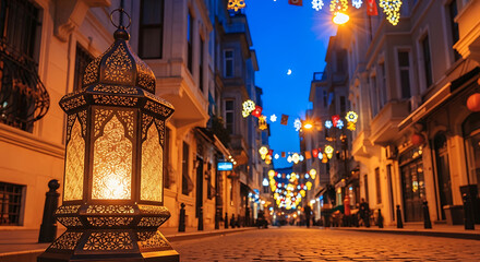 Obraz premium A beautifully lit street at night with a large ornate lantern and colorful decorations hanging above.