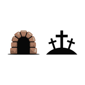 Empty stone tomb with crosses icons for Easter resurrection Sunday, church bulletin, bible lesson, inspirational faith graphic resources pack