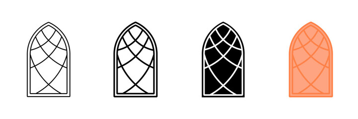 Set of minimalist arched window icons with transparent background, depicting gothic church windows, architectural elements, and medieval design, vector illustration