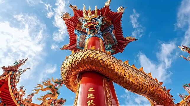 Majestic golden dragon statue with intricate details against a vibrant blue sky capturing cultural artistry textured scales and traditional design under bright sunlight