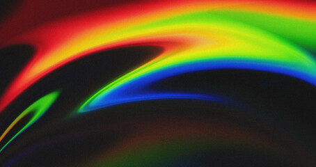 Vibrant abstract grainy liquid background with colorful gradient waves on black. futuristic psychedelic light leak texture.