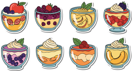 Cute Fruit Compote Dessert Vector Sticker Set With Colorful Bowls Berries Apples Mango and Cream Isolated on Transparent Background