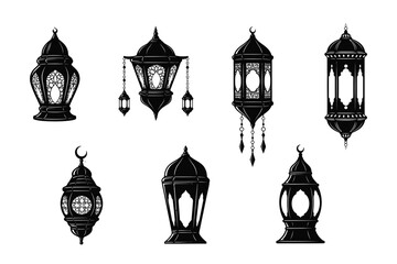 Obraz premium Collection of traditional middle eastern lanterns in black silhouette