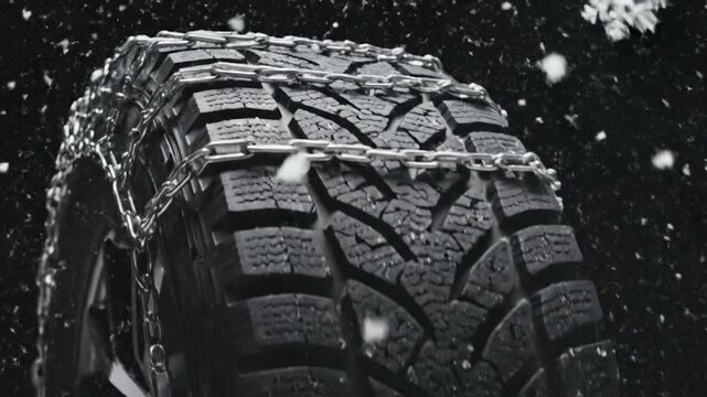 Winter tire with chains, snowflakes falling. Close-up on the rubber and metal, grayscale, cold weather