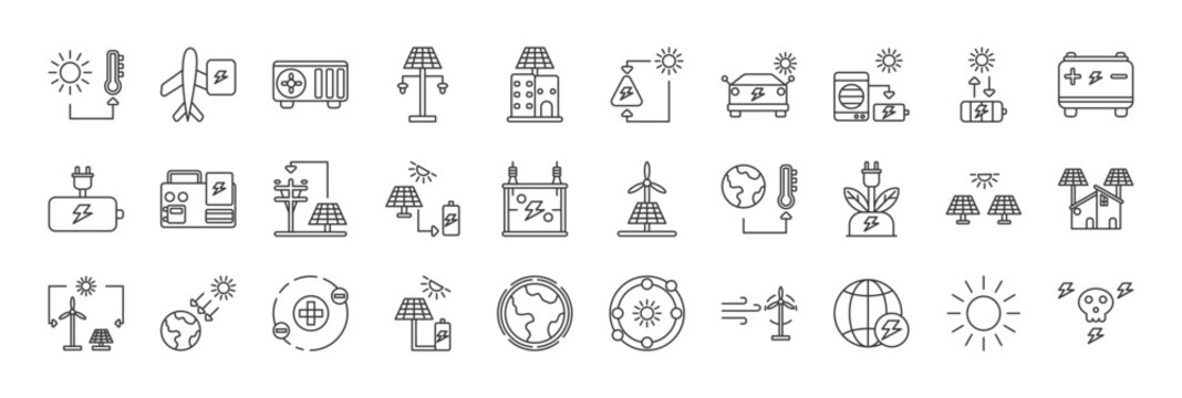 solar energy icon set collection in line style. icon set consist of solar thermal, electric cell, heat pump, solar light, sun, geothermal, solar cell, biomass energy.