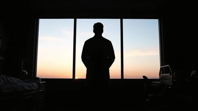 Silhouette of a man standing in front of a large window at sunset.
