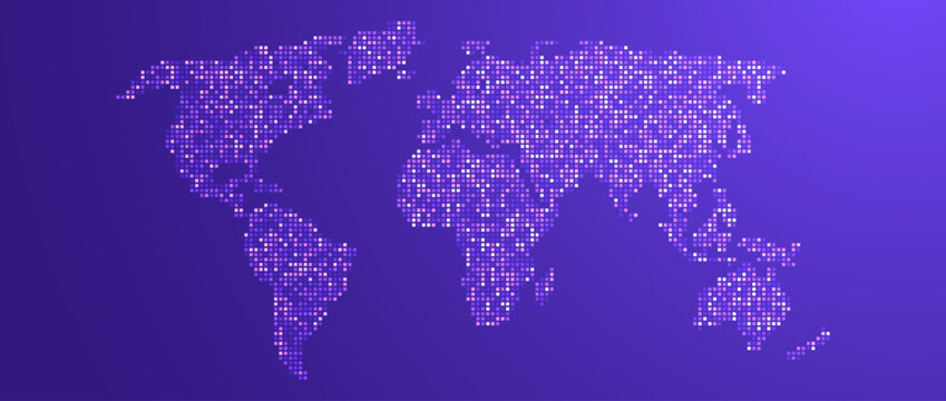 Purple glowing pixel world map concept. Abstract neon dotted globe worldmap for poster, banner, brochure, flyer, booklet, presentation. Dark navy continents infographics wallpaper. Vector illustration