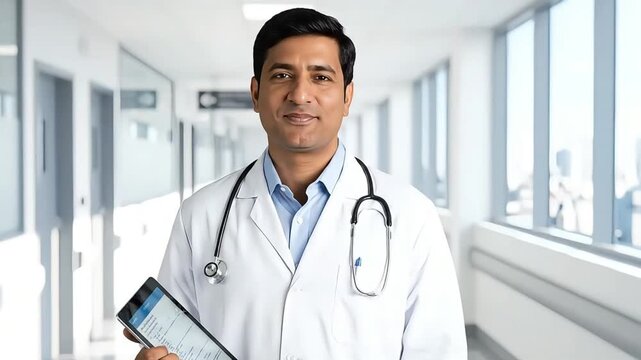 Smiling Doctor Holding Tablet in Hospital Corridor.