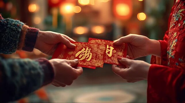 Hands exchanging red envelopes with golden chinese characters in warm soft lighting detailed texture on traditional festive background