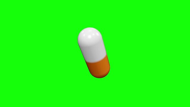 Capsule pill medicine animation. Floating white and orange capsule on green background. Pharmaceutical healthcare object loop.