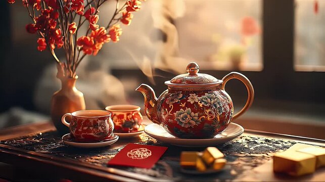 Elegant teapot and teacups with floral patterns warm lighting and rich colors on a traditional decorated table with flowers for a cozy atmosphere